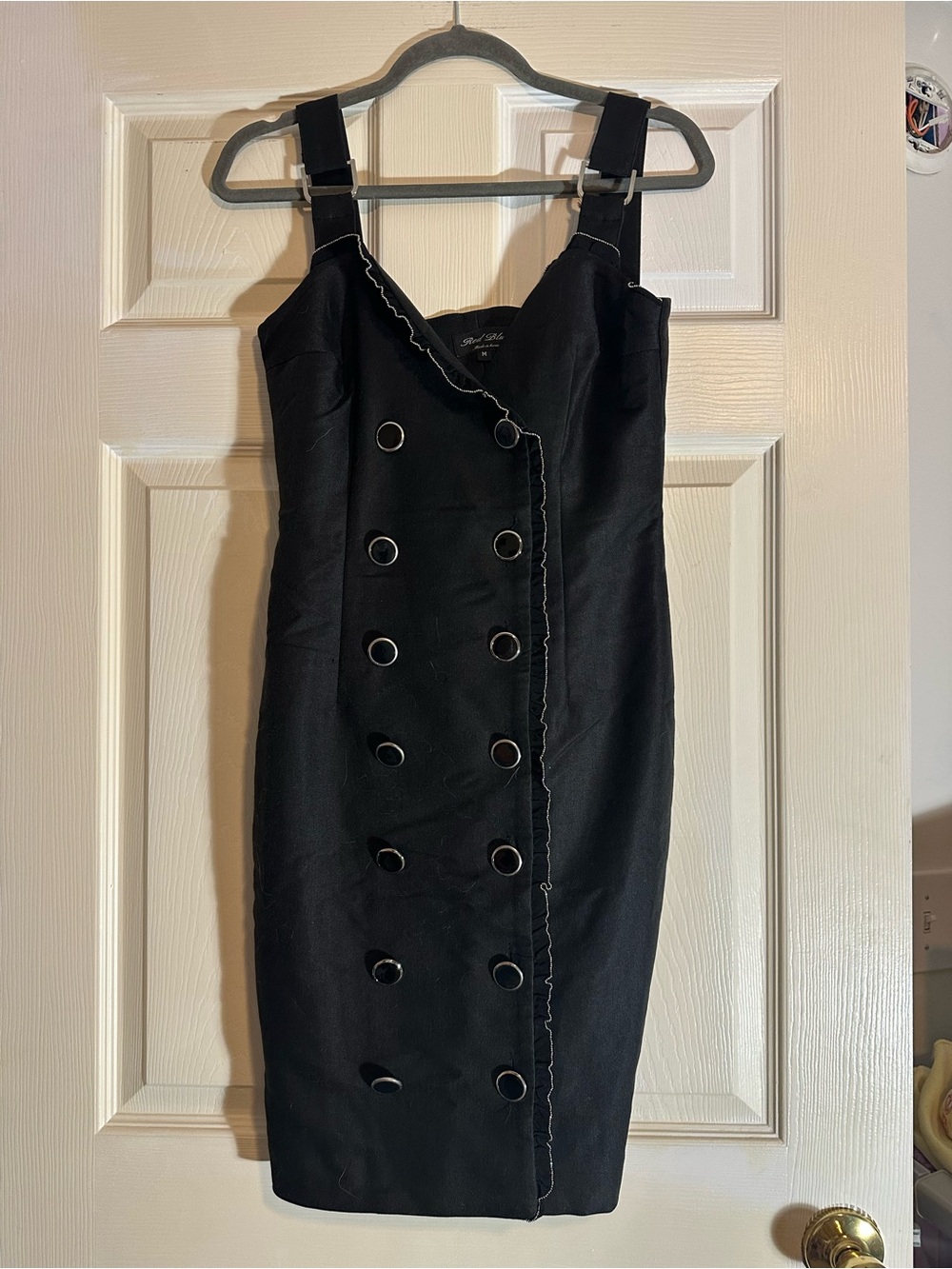 Red Blue deep black denim Grommet-Detail Midi Dress with Structured Straps